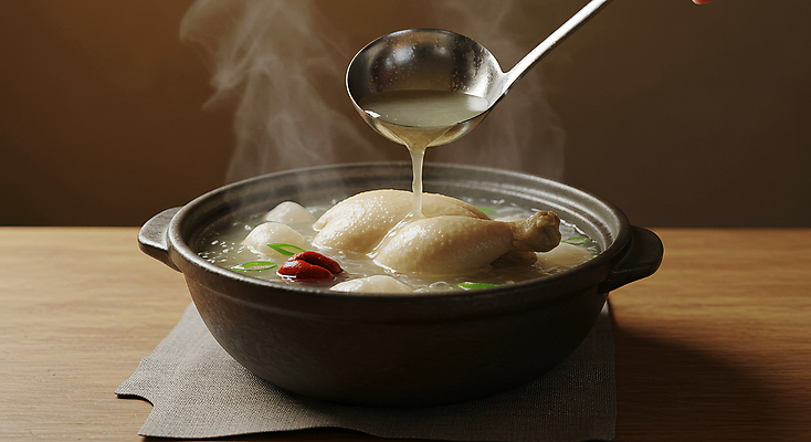 JPG 편집이미지 한국전통 한식 사람없음 전통음식 붓기 수증기 국자 뚝배기 대추 삼계탕 나무탁자 테이블매트 편집실사 AI포토 AI콘텐츠 전통 음식 모션 탁자 주방용품 한국 식탁보 CG 보양식 파일형식