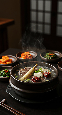 JPG 편집이미지 한국전통 반찬 김치 한옥 실내 마늘 사람없음 전통음식 인삼 수증기 뚝배기 대추 삼계탕 나무탁자 편집실사 AI포토 AI콘텐츠 전통 한식 음식 고건축 채소 탁자 한국 내부 삼 CG 보양식 파일형식