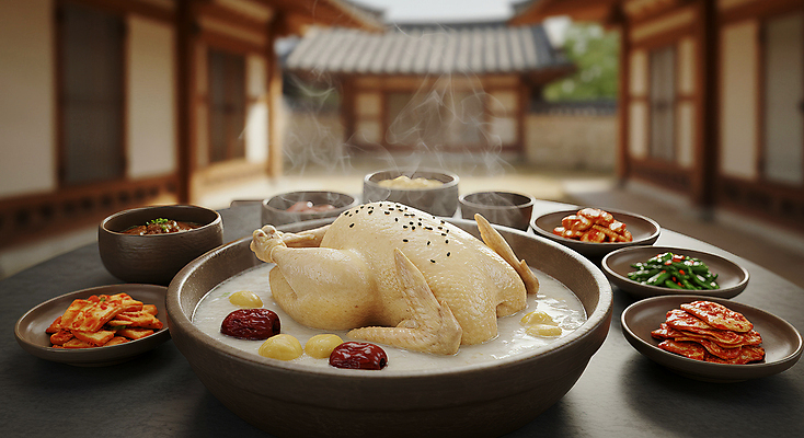 JPG 편집이미지 한국전통 그릇 반찬 김치 한옥 사람없음 야외 전통음식 밤 수증기 대추 삼계탕 나무탁자 편집실사 AI포토 AI콘텐츠 전통 식기 한식 음식 고건축 탁자 한국 견과류 CG 보양식 파일형식