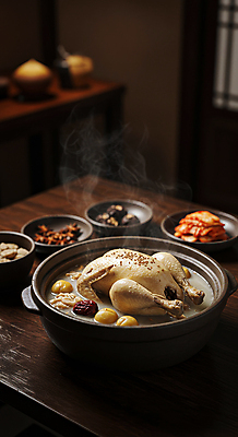 JPG 편집이미지 한국전통 반찬 김치 한옥 실내 사람없음 전통음식 밤 수증기 뚝배기 대추 삼계탕 나무탁자 편집실사 AI포토 AI콘텐츠 전통 한식 음식 고건축 탁자 한국 내부 견과류 CG 보양식 파일형식