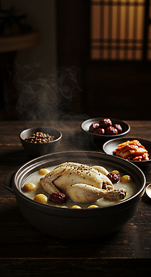 JPG 편집이미지 한국전통 그릇 반찬 김치 한옥 실내 사람없음 전통음식 밤 수증기 대추 삼계탕 나무탁자 편집실사 AI포토 AI콘텐츠 전통 식기 한식 음식 고건축 탁자 한국 내부 견과류 CG 보양식 파일형식