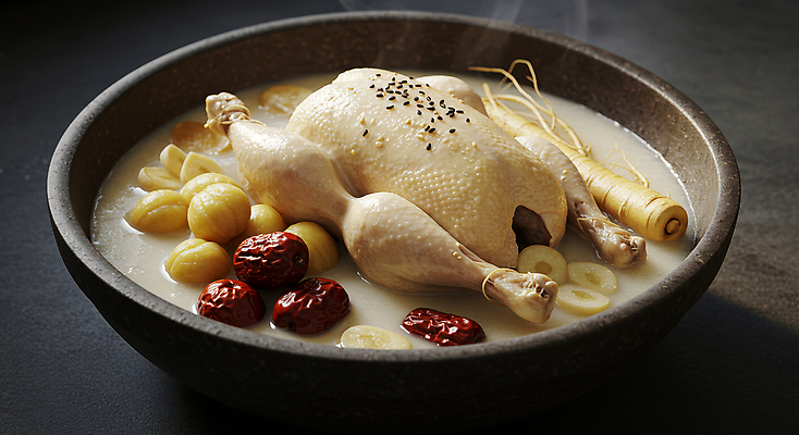 JPG 편집이미지 한국전통 그릇 한식 사람없음 전통음식 인삼 밤 수증기 대추 삼계탕 편집실사 AI포토 AI콘텐츠 전통 식기 음식 한국 견과류 삼 CG 보양식 파일형식