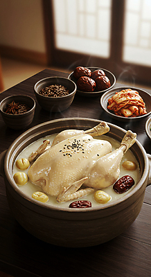 JPG 편집이미지 한국전통 반찬 김치 한옥 실내 사람없음 전통음식 한약재 밤 수증기 뚝배기 대추 삼계탕 나무탁자 편집실사 AI포토 AI콘텐츠 전통 한식 음식 고건축 탁자 한국 내부 견과류 약재 CG 보양식 파일형식