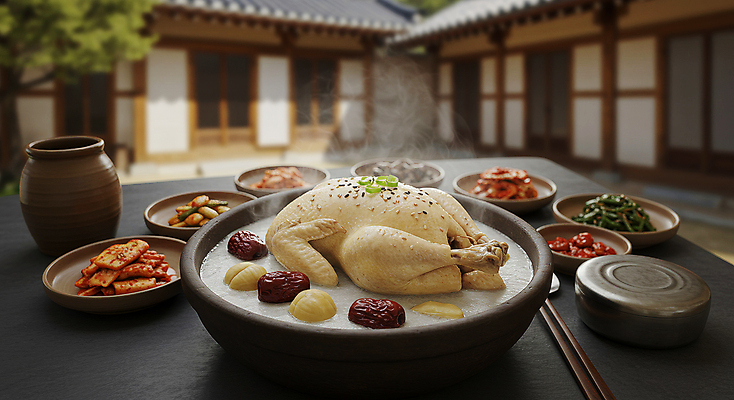 JPG 편집이미지 한국전통 그릇 젓가락 반찬 김치 한옥 사람없음 야외 전통음식 항아리 밤 수증기 대추 삼계탕 공기밥 편집실사 AI포토 AI콘텐츠 전통 식기 한식 음식 고건축 밥 한국 수저 견과류 도자기 CG 보양식 파일형식