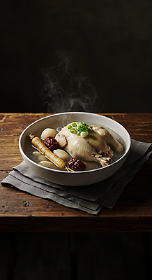 JPG 편집이미지 한국전통 그릇 한식 사람없음 전통음식 인삼 수증기 대추 삼계탕 파 나무탁자 테이블매트 편집실사 AI포토 AI콘텐츠 전통 식기 음식 채소 탁자 한국 식탁보 삼 CG 보양식 파일형식