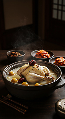 JPG 편집이미지 한국전통 반찬 김치 한옥 실내 사람없음 전통음식 밤 수증기 뚝배기 대추 삼계탕 나무탁자 편집실사 AI포토 AI콘텐츠 전통 한식 음식 고건축 탁자 한국 내부 견과류 CG 보양식 파일형식