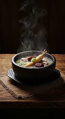 JPG 편집이미지 한국전통 한식 사람없음 전통음식 인삼 수증기 뚝배기 대추 삼계탕 나무탁자 테이블매트 편집실사 AI포토 AI콘텐츠 전통 음식 탁자 한국 식탁보 삼 CG 보양식 파일형식