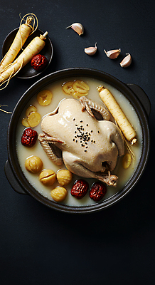 JPG 편집이미지 한국전통 접시 한식 마늘 사람없음 전통음식 인삼 밤 뚝배기 대추 삼계탕 편집실사 AI포토 AI콘텐츠 전통 식기 음식 채소 한국 견과류 삼 CG 보양식 파일형식