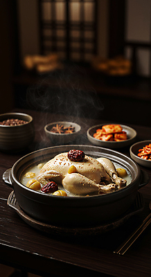 JPG 편집이미지 한국전통 반찬 김치 한옥 실내 사람없음 전통음식 밤 수증기 뚝배기 대추 삼계탕 나무탁자 편집실사 AI포토 AI콘텐츠 전통 한식 음식 고건축 탁자 한국 내부 견과류 CG 보양식 파일형식