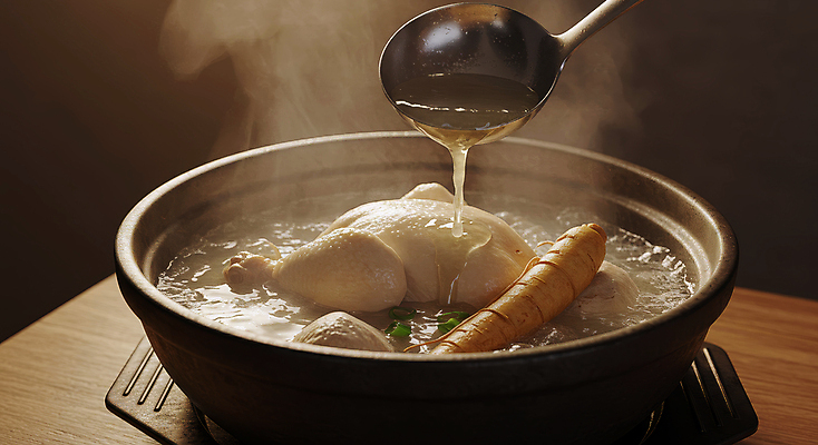 JPG 편집이미지 한국전통 한식 사람없음 전통음식 붓기 인삼 수증기 국자 뚝배기 삼계탕 나무탁자 편집실사 AI포토 AI콘텐츠 전통 음식 모션 탁자 주방용품 한국 삼 CG 보양식 파일형식