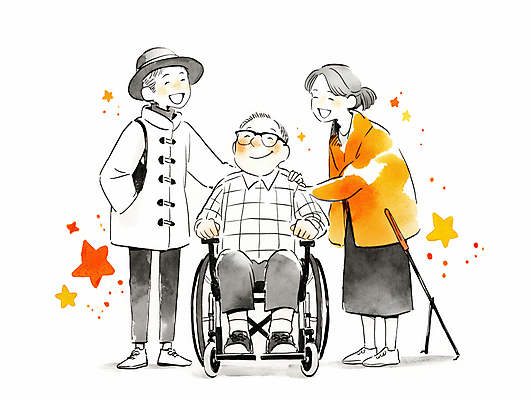 JPG 전신 모자 여자 남자 중년 일러스트 지팡이 함께함 웃음 앉기 성인 세명 기쁨 도움 장애인 휠체어 주머니손 장애인의날 안경낌 어깨에손 국내일러스트 AI일러스트 AI콘텐츠 잡화 감정 안경 컨셉 모션 표정 사람 장애 파일형식 법정기념일