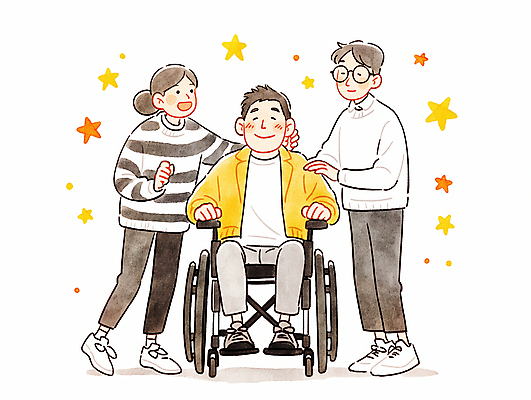 JPG 전신 여자 남자 별 일러스트 수채화 함께함 웃음 앉기 성인 세명 손들기 기쁨 도움 장애인 휠체어 장애인의날 성인만 안경낌 어깨에손 국내일러스트 AI일러스트 AI콘텐츠 자연요소 감정 안경 컨셉 모션 표정 사람 장애 파일형식 법정기념일