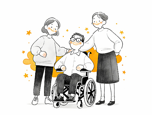 JPG 전신 여자 남자 일러스트 수채화 함께함 웃음 앉기 성인 세명 기쁨 도움 장애인 휠체어 장애인의날 성인만 안경낌 어깨에손 국내일러스트 AI일러스트 AI콘텐츠 감정 안경 컨셉 모션 표정 사람 장애 파일형식 법정기념일