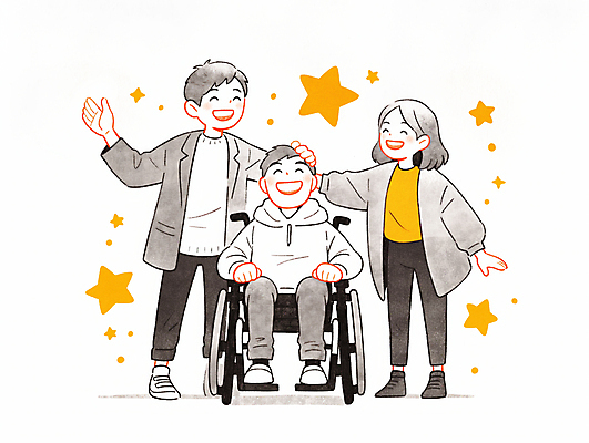 JPG 전신 여자 남자 별 일러스트 수채화 함께함 웃음 앉기 성인 세명 손들기 기쁨 도움 장애인 휠체어 장애인의날 성인만 국내일러스트 AI일러스트 AI콘텐츠 자연요소 감정 컨셉 모션 표정 사람 장애 파일형식 법정기념일