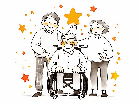 JPG 전신 여자 남자 별 중년 일러스트 수채화 함께함 웃음 들기 앉기 성인 세명 손들기 기쁨 도움 장애인 휠체어 장애인의날 안경낌 국내일러스트 AI일러스트 AI콘텐츠 자연요소 감정 안경 컨셉 모션 표정 사람 장애 파일형식 법정기념일