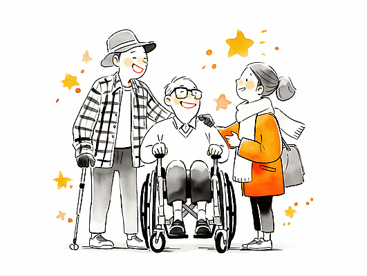 JPG 전신 모자 여자 노년 남자 별 가방 일러스트 지팡이 수채화 함께함 웃음 앉기 성인 세명 목도리 기쁨 잡기 도움 장애인 휠체어 장애인의날 안경낌 국내일러스트 AI일러스트 AI콘텐츠 자연요소 잡화 감정 안경 컨셉 모션 표정 사람 장애 파일형식 법정기념일