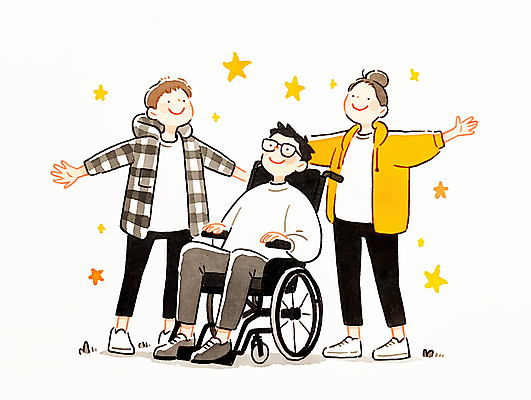 JPG 전신 여자 남자 별 일러스트 팔벌리기 수채화 함께함 웃음 앉기 성인 세명 손들기 기쁨 도움 장애인 휠체어 장애인의날 성인만 안경낌 국내일러스트 AI일러스트 AI콘텐츠 자연요소 감정 안경 컨셉 모션 표정 사람 장애 파일형식 법정기념일