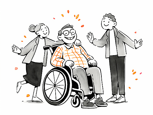 JPG 전신 여자 남자 일러스트 팔벌리기 수채화 함께함 웃음 앉기 성인 세명 기쁨 도움 장애인 휠체어 다리들기 장애인의날 성인만 안경낌 어깨에손 국내일러스트 AI일러스트 AI콘텐츠 감정 안경 컨셉 모션 표정 사람 장애 파일형식 법정기념일