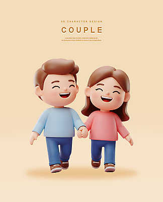 전신 PSD 편집이미지 커플 여자 남자 행복 3D캐릭터 사랑 미소 성인 두명 3D 걷기 손잡기 베이지색 성인만 편집3D 캐릭터 감정 컬러 관계 모션 표정 사람 디지털합성 파일형식