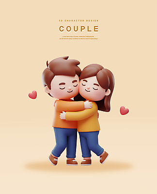 전신 PSD 편집이미지 커플 여자 남자 행복 포옹 3D캐릭터 사랑 미소 성인 두명 3D 눈감음 하트 베이지색 성인만 편집3D 모양 캐릭터 감정 컬러 관계 안기 모션 표정 사람 디지털합성 파일형식