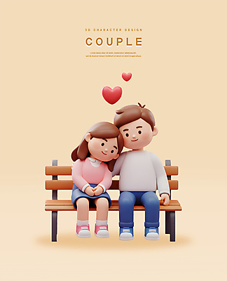 전신 PSD 편집이미지 커플 여자 남자 행복 벤치 3D캐릭터 사랑 미소 앉기 성인 두명 3D 기댐 손모으기 베이지색 성인만 어깨에손 편집3D 캐릭터 감정 컬러 의자 관계 모션 표정 사람 손짓 디지털합성 파일형식