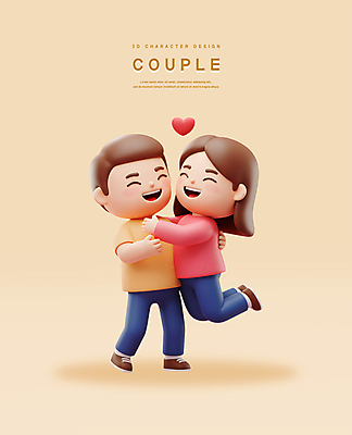 전신 PSD 편집이미지 커플 여자 남자 행복 포옹 3D캐릭터 사랑 미소 성인 두명 3D 점프 하트 베이지색 성인만 편집3D 모양 캐릭터 감정 컬러 관계 안기 모션 표정 사람 디지털합성 파일형식