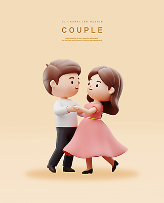 전신 PSD 편집이미지 커플 드레스 여자 남자 행복 허리손 3D캐릭터 사랑 미소 성인 두명 3D 손잡기 춤 베이지색 성인만 편집3D 캐릭터 옷 감정 컬러 포즈 관계 모션 문화예술 표정 사람 디지털합성 파일형식
