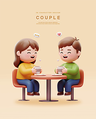 전신 PSD 편집이미지 커플 여자 남자 행복 음료 말풍선 의자 탁자 3D캐릭터 사랑 미소 들기 성인 두명 3D 머그컵 하트 마주앉기 베이지색 성인만 편집3D 모양 캐릭터 감정 컬러 가구 관계 모션 표정 사람 앉기 컵 디지털합성 파일형식