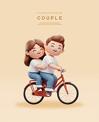 전신 PSD 편집이미지 커플 여자 남자 행복 3D캐릭터 사랑 미소 앉기 성인 두명 3D 자전거 잡기 베이지색 성인만 편집3D 캐릭터 감정 컬러 관계 모션 표정 사람 바이크 디지털합성 파일형식