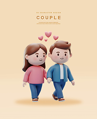 전신 PSD 편집이미지 커플 여자 남자 행복 3D캐릭터 사랑 미소 성인 두명 3D 걷기 손잡기 하트 베이지색 성인만 편집3D 모양 캐릭터 감정 컬러 관계 모션 표정 사람 디지털합성 파일형식