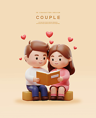 전신 PSD 편집이미지 커플 여자 남자 행복 3D캐릭터 사랑 미소 들기 앉기 성인 두명 책 독서 3D 하트 베이지색 스툴 성인만 편집3D 모양 캐릭터 감정 컬러 의자 관계 모션 표정 사람 디지털합성 파일형식