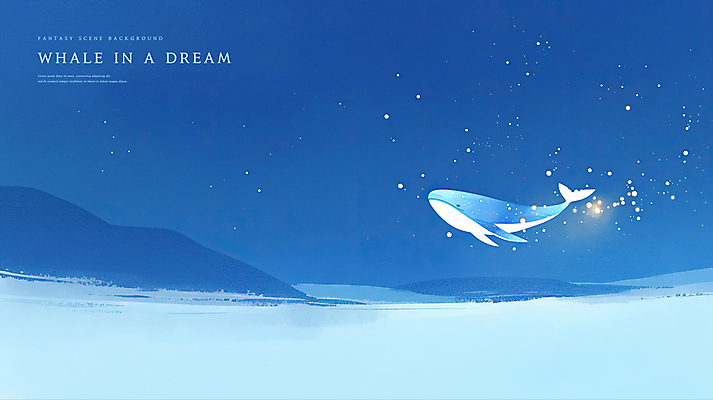 PSD 야경 일러스트 상상 밤하늘 수채화 산 사람없음 파란색 빛 꿈 비행 고래 감성 몽환 환상 국내일러스트 컬러 컨셉 포유류 하늘 수중동물 야간 파일형식 풍경_경치