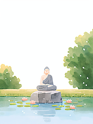 JPG 불교 일러스트 수채화 연꽃 잔디 사람없음 반사 눈감음 부처님오신날 바위 연못 풀 연잎 가부좌 부처님상 국내일러스트 AI일러스트 AI콘텐츠 식물 기념일 꽃 종교 잎 모션 앉기 돌_바위 불상 부처 파일형식