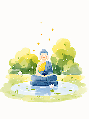 JPG 불교 일러스트 수채화 연꽃 사람없음 반짝임 눈감음 부처님오신날 연못 풀 연잎 가부좌 부처님상 국내일러스트 AI일러스트 AI콘텐츠 식물 기념일 꽃 종교 잎 모션 앉기 불상 부처 파일형식