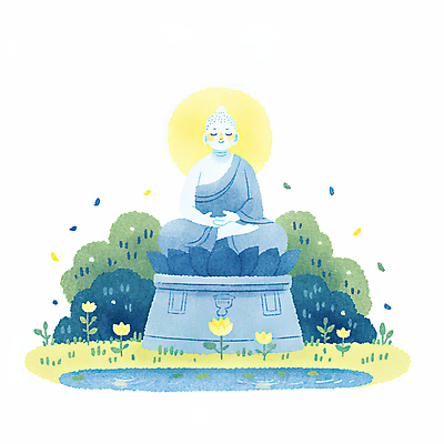 JPG 꽃 불교 일러스트 수채화 잔디 사람없음 태양 눈감음 부처님오신날 연못 풀잎 가부좌 후광 부처님상 국내일러스트 AI일러스트 AI콘텐츠 자연요소 식물 기념일 종교 잎 모션 앉기 빛 풀_식물 불상 부처 파일형식