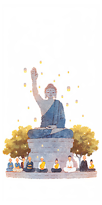 JPG 나무 여자 남자 불교 일러스트 수채화 여러명 성인 손들기 눈감음 부처님오신날 등불 가부좌 부처님상 성인만 국내일러스트 AI일러스트 AI콘텐츠 식물 기념일 종교 다수 모션 조명 사람 앉기 불상 부처 파일형식