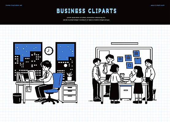전신 클립아트 여자 남자 화분 일러스트 창문 밤하늘 회의 들기 앉기 정장 빌딩 여러명 성인 책 파란색 사무실 펜 모니터 검은색 가리킴 타이핑 메모지 직장인 비즈니스맨 비즈니스우먼 책상 회의실 서랍장 화이트보드 격자 야근 바퀴의자 성인만 국내일러스트 AI파일 직업 옷 컬러 가구 다수 무늬 의자 비즈니스 모션 하늘 사람 손짓 건물 컴퓨터 필기구 사무용품 업무 야간 파일형식 벡터