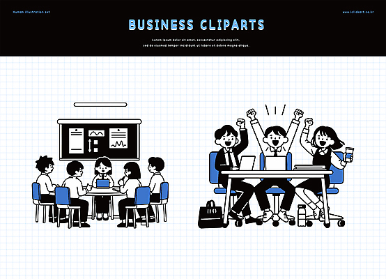 전신 클립아트 여자 남자 서류가방 일러스트 회의 알림판 미소 들기 앉기 여러명 성인 파란색 노트북 사무실 손들기 파이팅 검은색 만세 직장인 비즈니스맨 비즈니스우먼 책상 회의실 격자 바퀴의자 테이크아웃컵 성인만 국내일러스트 AI파일 직업 컬러 가구 다수 무늬 의자 가방 비즈니스 모션 표정 사람 컵 전자제품 파일형식 벡터