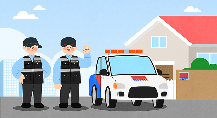 전신 남자 허리손 일러스트 주택 경비 성인 두명 손들기 보호 서비스 보안 경찰차 경비원 무인경비시스템 방범 성인남자만 국내일러스트 AI파일 직업 포즈 컨셉 모션 자동차 안전 사람 건물 남자만 성인만 파일형식 벡터