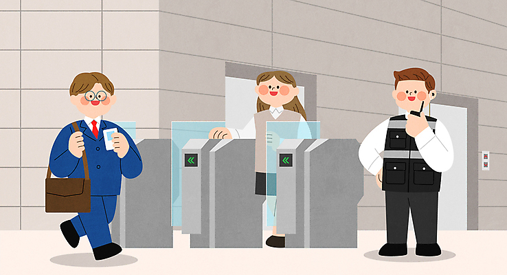 전신 여자 남자 일러스트 회사 출입구 들기 성인 세명 문 직장인 보호 서비스 보안 무전기 사원증 경비원 출입증 출입카드 성인만 국내일러스트 AI파일 직업 컨셉 비즈니스 모션 무선통신 안전 사람 카드 파일형식 벡터
