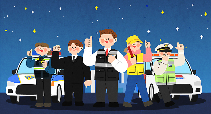 전신 여자 남자 일러스트 들기 여러명 성인 최고 보호 호루라기 서비스 보안 경호원 경찰차 경찰봉 교통경찰 방범 성인만 순찰조끼 국내일러스트 AI파일 직업 다수 컨셉 모션 자동차 안전 사람 경찰 경찰복 파일형식 벡터