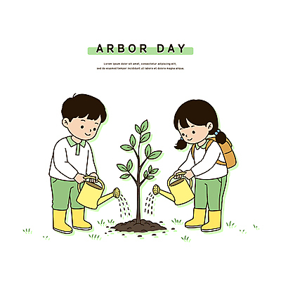 전신 여자 남자 어린이 일러스트 자연 부츠 미소 들기 소녀 소년 두명 흙 물뿌리개 식목일 백팩 나무심기 묘목 어린이만 일러캐릭터 AI파일 나무 캐릭터 기념일 신발 가방 모션 표정 사람 생태계 심기 파일형식 벡터