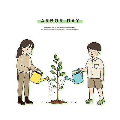 전신 여자 남자 어린이 일러스트 자연 남매 미소 들기 소녀 소년 두명 흙 물뿌리개 식목일 물주기 나무심기 묘목 어린이만 일러캐릭터 AI파일 나무 캐릭터 기념일 가족 모션 표정 사람 생태계 심기 파일형식 벡터