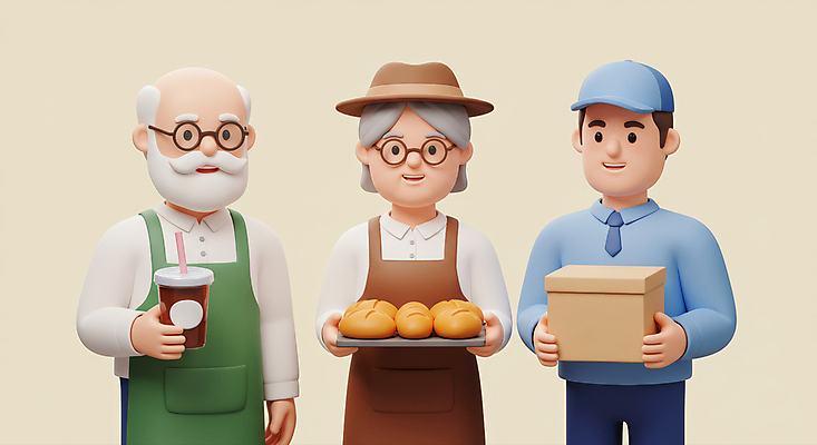 JPG 편집이미지 모자 여자 노년 남자 커피 빵 함께함 쟁반 3D캐릭터 미소 들기 상반신 성인 세명 3D 앞치마 배달원 바리스타 택배상자 베이지색 제빵사 테이크아웃컵 안경낌 편집3D AI컴퓨터그래픽 AI콘텐츠 직업 캐릭터 잡화 안경 음료 음식 컬러 컨셉 모션 표정 사람 컵 상자 디지털합성 택배 파일형식