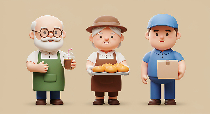 JPG 전신 편집이미지 모자 여자 노년 남자 커피 빵 함께함 쟁반 3D캐릭터 미소 들기 성인 세명 3D 손들기 앞치마 배달원 바리스타 택배상자 베이지색 제빵사 테이크아웃컵 안경낌 편집3D AI컴퓨터그래픽 AI콘텐츠 직업 캐릭터 잡화 안경 음료 음식 컬러 컨셉 모션 표정 사람 컵 상자 디지털합성 택배 파일형식