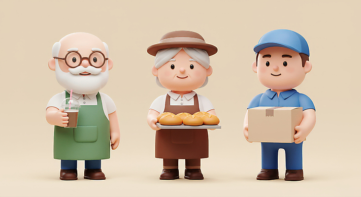 JPG 전신 편집이미지 모자 여자 노년 남자 커피 빵 함께함 쟁반 3D캐릭터 미소 들기 성인 세명 3D 앞치마 배달원 바리스타 택배상자 베이지색 제빵사 테이크아웃컵 안경낌 편집3D AI컴퓨터그래픽 AI콘텐츠 직업 캐릭터 잡화 안경 음료 음식 컬러 컨셉 모션 표정 사람 컵 상자 디지털합성 택배 파일형식