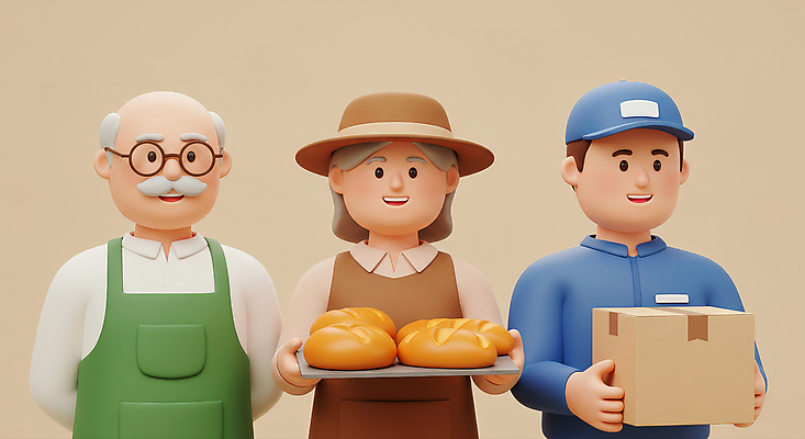 JPG 편집이미지 모자 여자 노년 남자 빵 함께함 쟁반 3D캐릭터 미소 들기 상반신 성인 세명 3D 앞치마 배달원 뒷짐 바리스타 택배상자 베이지색 제빵사 안경낌 편집3D AI컴퓨터그래픽 AI콘텐츠 직업 캐릭터 잡화 안경 음식 컬러 컨셉 모션 표정 사람 상자 디지털합성 택배 파일형식