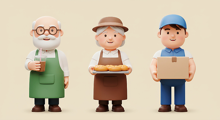 JPG 전신 편집이미지 모자 여자 노년 남자 커피 빵 함께함 쟁반 3D캐릭터 미소 들기 성인 세명 3D 앞치마 배달원 바리스타 택배상자 베이지색 제빵사 테이크아웃컵 안경낌 편집3D AI컴퓨터그래픽 AI콘텐츠 직업 캐릭터 잡화 안경 음료 음식 컬러 컨셉 모션 표정 사람 컵 상자 디지털합성 택배 파일형식