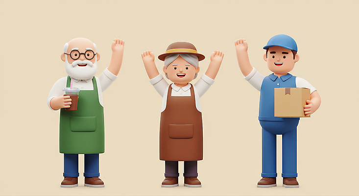 JPG 전신 편집이미지 모자 여자 노년 남자 커피 함께함 3D캐릭터 미소 들기 성인 세명 3D 손들기 앞치마 배달원 바리스타 택배상자 베이지색 제빵사 테이크아웃컵 안경낌 편집3D AI컴퓨터그래픽 AI콘텐츠 직업 캐릭터 잡화 안경 음료 컬러 컨셉 모션 표정 사람 컵 상자 디지털합성 택배 파일형식
