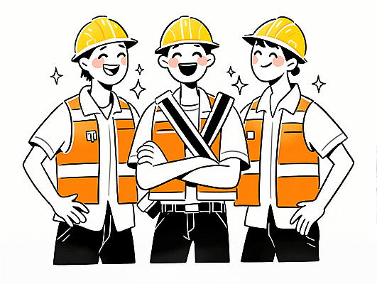 JPG 남자 허리손 일러스트 협력 미소 웃음 상반신 성인 세명 반짝임 팔짱 공구 작업 자신감 안전모 안전조끼 성인남자만 건설근로자 국내일러스트 AI일러스트 AI콘텐츠 직업 감정 포즈 모션 표정 사람 도구 헬멧 안전장비 남자만 성인만 파일형식